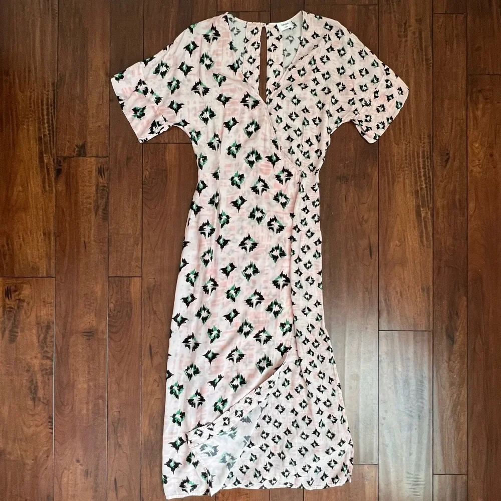 Revolve Suboo Pink & Green Ikat Wrap Cutot Midi Dress - Picture 3 of 11